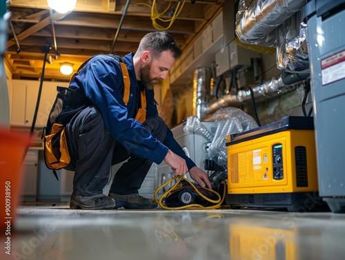 A technician works on a generator in a basement, ensuring proper installation and maintenance for optimal performance.