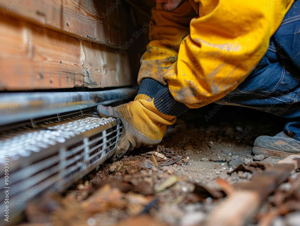 A worker inspects the foundation area, demonstrating proper maintenance practices to ensure structural safety and integrity. A worker inspects the foundation area, demonstrating proper maintenance practices to ensure structural safety and integrity.