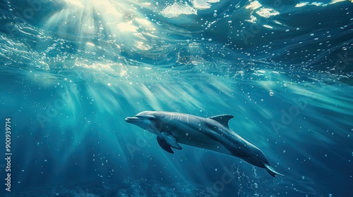 Graceful Dolphin Swimming Underwater with Sunlight Filtering Through the Ocean Surface © Sunshine