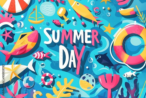 Summer Day Illustration with Aquatic and Beach Elements