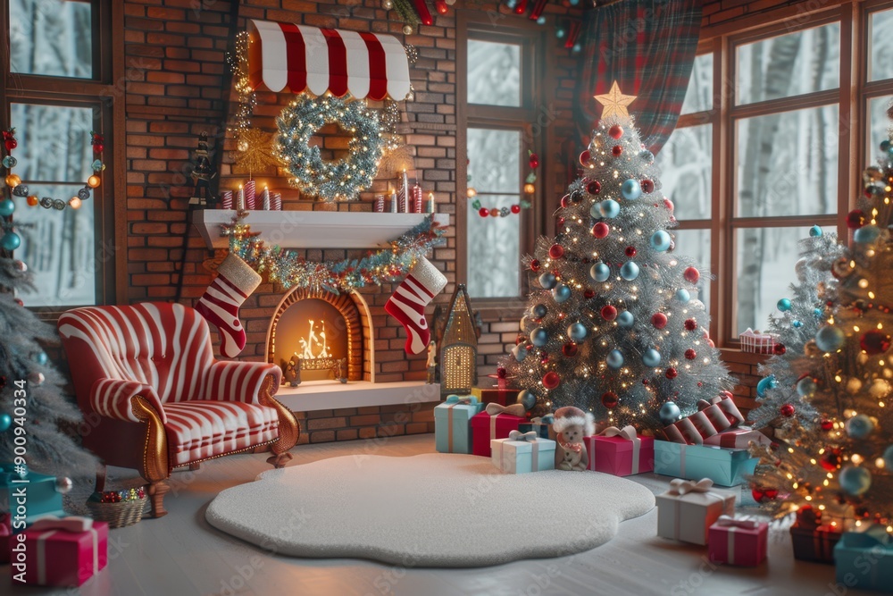 Fototapeta premium Christmas tree in the room near the fireplace and with festive decorative decorations. Evening cozy festive atmosphere