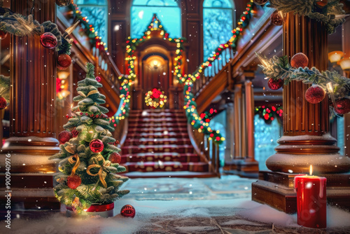 A grand staircase decorated for Christmas with garlands and ornaments, a small Christmas tree, and a lit candle, creating a warm and festive ambiance © megavectors