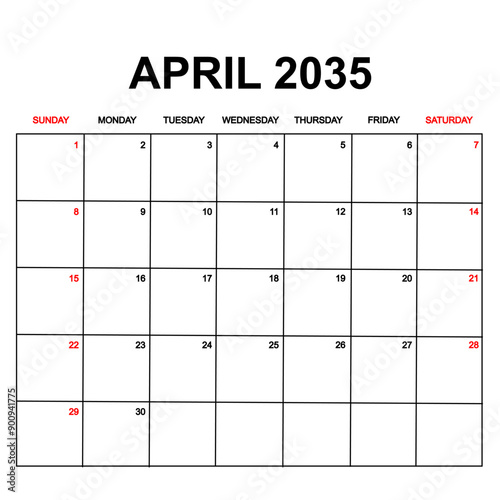 april 2035. Calendar with holydays or red dates. monthly calendar design with week starts on sunday. printable, simple, and clean vector design isolated on white background.