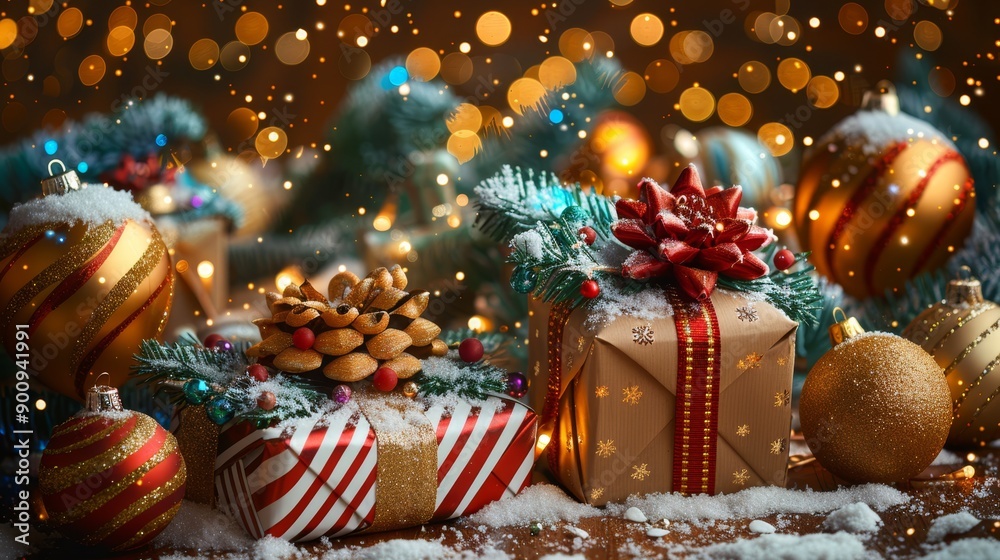 Christmas background with gifts box and decorative holiday decorations. Happy New Year and Merry Christmas Christmas background with gifts box and decorative holiday decorations. Happy New Year and Merry Christmas