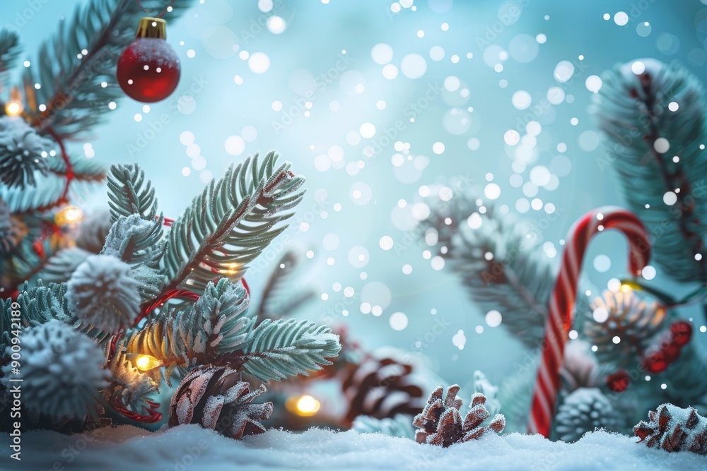 Snow-covered fir branches with red baubles and a candy cane. Warm lights create a cozy winter holiday atmosphere.