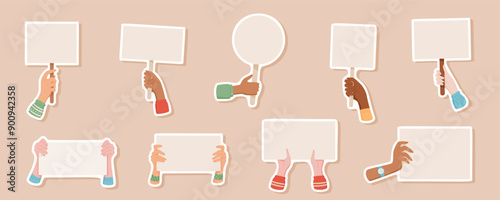 Isolated set of stickers with hands hold signs and banners, man holding empowerment placard, hand holds protest signboard, human hold demonstration banner, right activist show up strike poster