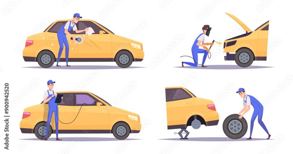 Naklejka premium Car service. Repair vehicle change wheels and oil repairman characters exact vector cartoon templates
