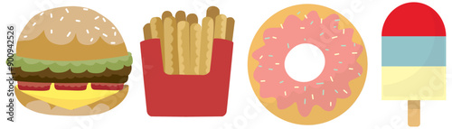 set of fast food , ice cream, hamburger , French fried,  donut
