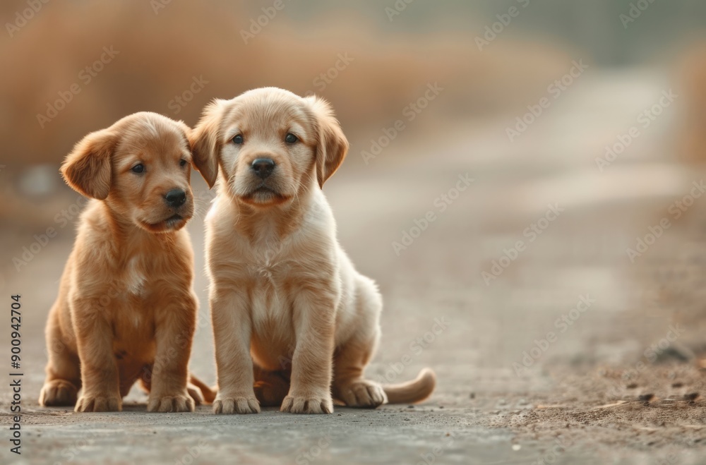Two adorable puppies sit together on a dirt path, embodying friendship and innocence in a serene outdoor setting. Two adorable puppies sit together on a dirt path, embodying friendship and innocence in a serene outdoor setting.