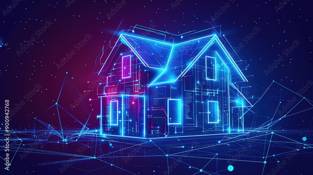 Amazing Man holding smartphone with apartment buildings hologram