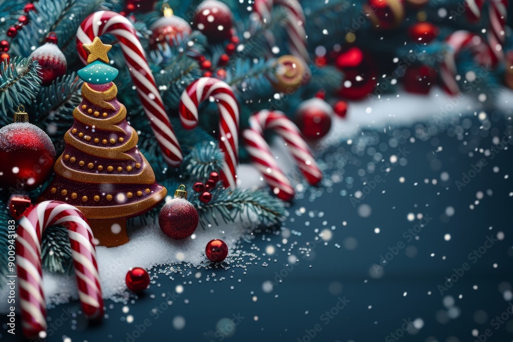 Christmas holiday background. Merry Christmas and Happy New Year Christmas decorations with candy canes and ornaments on a white snowy background Christmas holiday background. Merry Christmas and Happy New Year Christmas decorations with candy canes and ornaments on a white snowy background