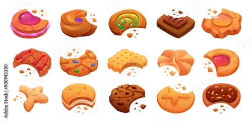 Bites cookies. Snack dessert with crumbs exact vector cookies in cartoon style