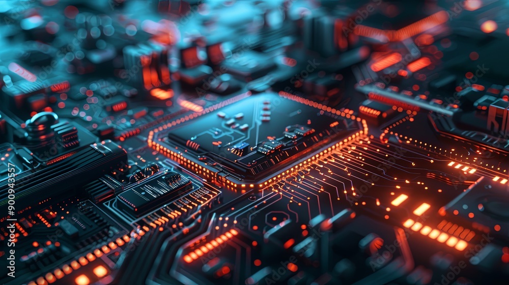 A computer chip with a red glow A computer chip with a red glow