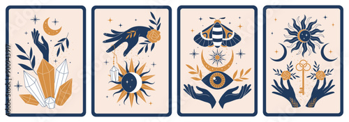 Witchcraft posters. Magician and mysticism alchemical concept pictures on placard with place for text recent vector occult objets