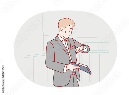 Running late, checking time on watch and feeling stressed, anxious and in hurry to get to work. Hand drawn style vector design illustrations.