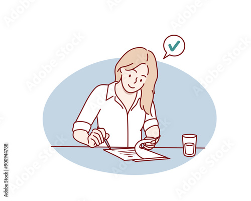 Business woman concept. Young female entrepreneur sitting at her desk, holding pen and reading business contract. Hand drawn style vector design illustrations.