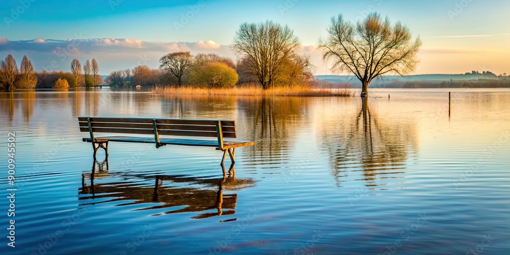 Obraz premium Flooded bench submerged in water during early morning at a lake or river, flooded, bench, early morning, lake, river