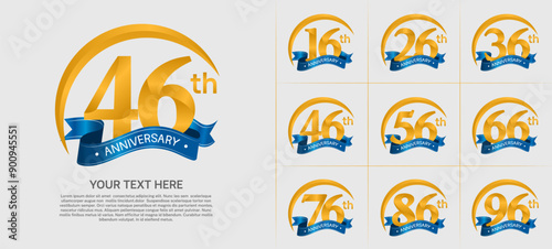 anniversary logotype set vector, golden color with blue ribbon for special day celebration