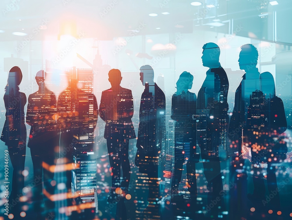 Double exposure image of many business people conference group meeting on city office building in background showing partnership success of business deal. Concept of teamwork - ai Double exposure image of many business people conference group meeting on city office building in background showing partnership success of business deal. Concept of teamwork - ai