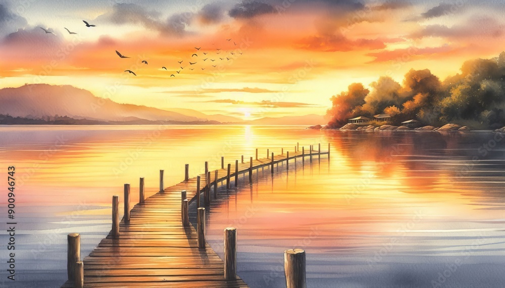 Obraz premium A calm watercolor painting depicting a wooden pier sloping gently into a charming lake at dusk