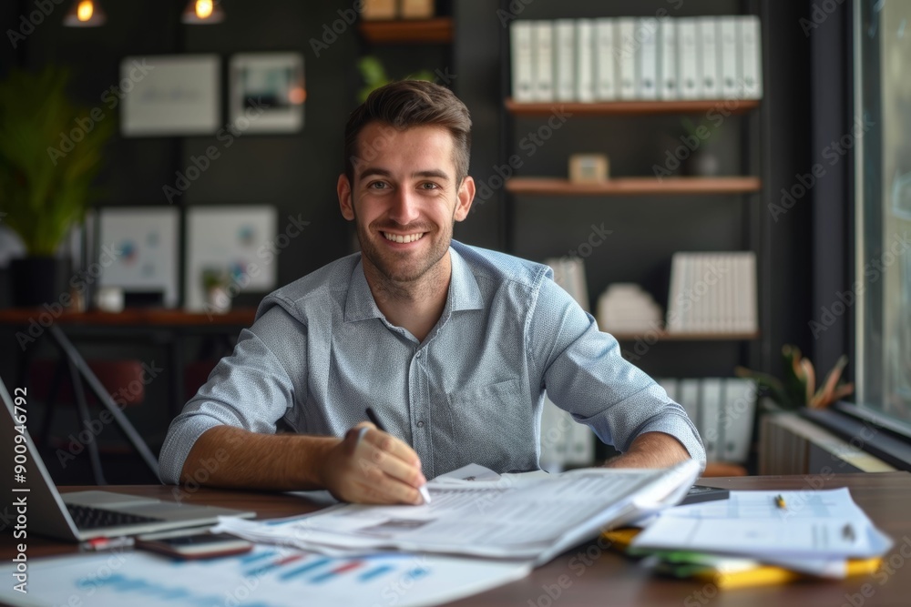 Smiling Man Working at His Desk with Papers and a Laptop Smiling Man Working at His Desk with Papers and a Laptop