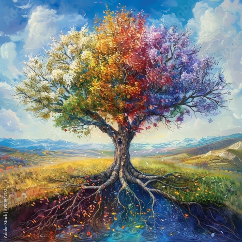 Tree of Seasons, A majestic tree in the middle of a vast landscape, with branches showing all four seasons at once Spring blossoms