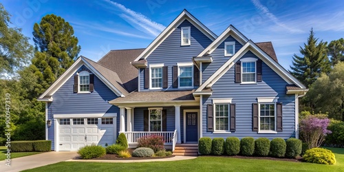 Serene periwinkle home with siding and shutters in suburban landscape on sunny day , home, periwinkle, siding, shutters