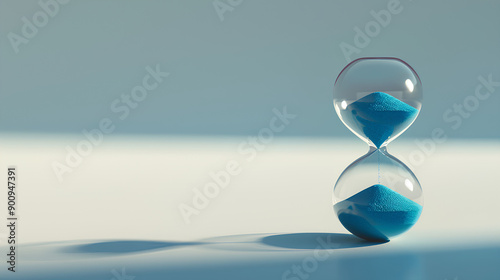 A sleek hourglass filled with vibrant blue sand against a minimalist background.