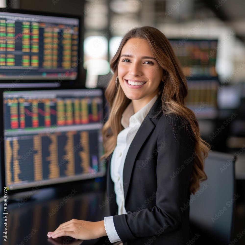 Professional woman in office with stock market data on screens, showcasing finance and trading expertise. Professional woman in office with stock market data on screens, showcasing finance and trading expertise.
