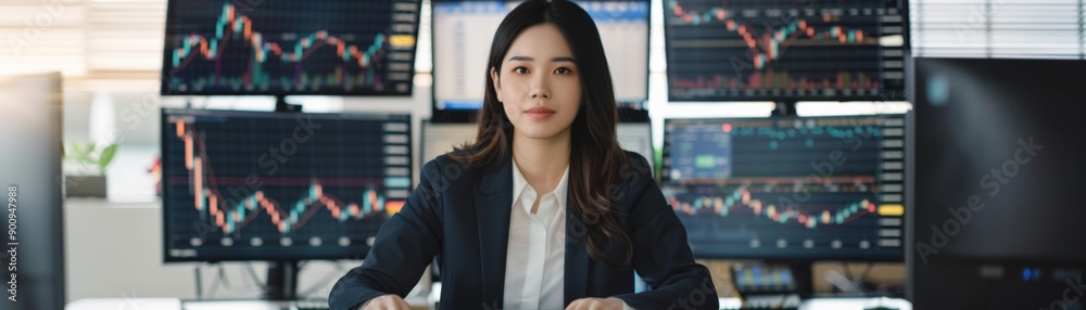 Fototapeta premium Professional woman analyzing stock market trends with multiple screens displaying financial data and charts in a modern office.