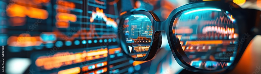 Close-Up of Glasses Reflecting Digital Data and Graphs on Computer Screens in a Modern Office Setting Close-Up of Glasses Reflecting Digital Data and Graphs on Computer Screens in a Modern Office Setting