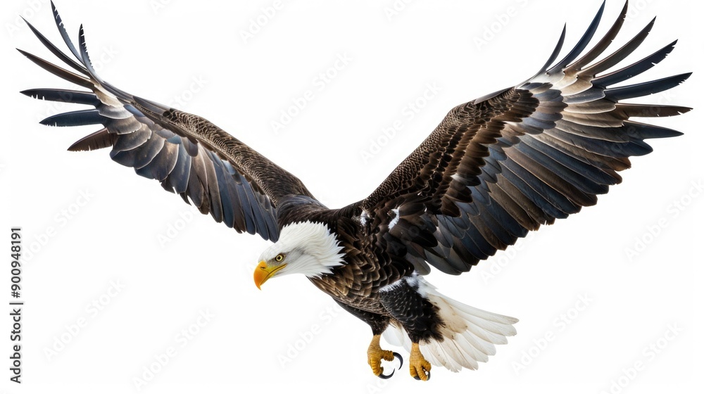 A majestic bald eagle soaring through the sky with its wings extended A majestic bald eagle soaring through the sky with its wings extended