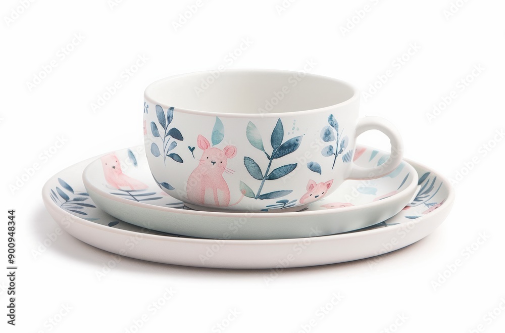 Playful dishware set featuring delicate animal patterns and floral designs, perfect for children's dining or themed parties.