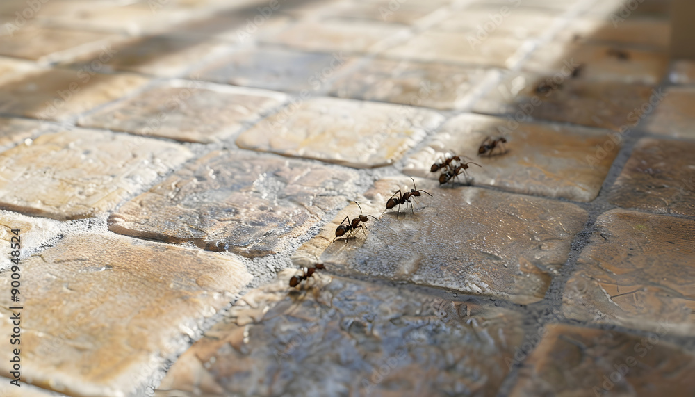 A close-up of ants walking in a line on a stone floor. A close-up of ants walking in a line on a stone floor.