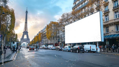 Fototapeta Naklejka Na Ścianę i Meble -  A busy street in Paris with a large white billboard in the background.