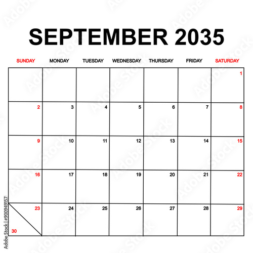 september 2035. Calendar with holydays or red dates. monthly calendar design with week starts on sunday. printable, simple, and clean vector design isolated on white background.