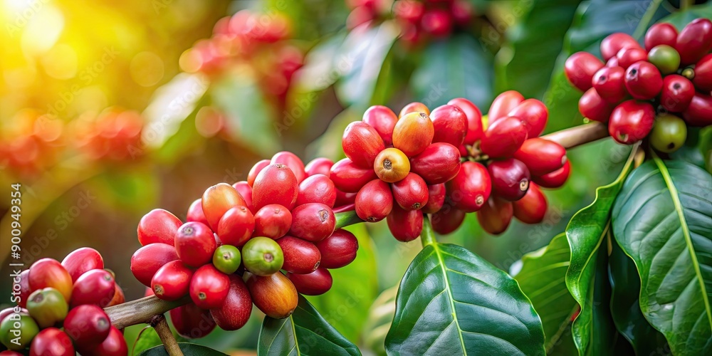Close up of coffee plant with ripe red coffee fruits, coffee, plant, beans, fruit, agriculture, harvest, organic, farm, plantation Close up of coffee plant with ripe red coffee fruits, coffee, plant, beans, fruit, agriculture, harvest, organic, farm, plantation