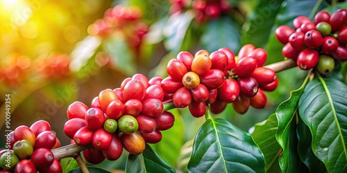 Close up of coffee plant with ripe red coffee fruits, coffee, plant, beans, fruit, agriculture, harvest, organic, farm, plantation