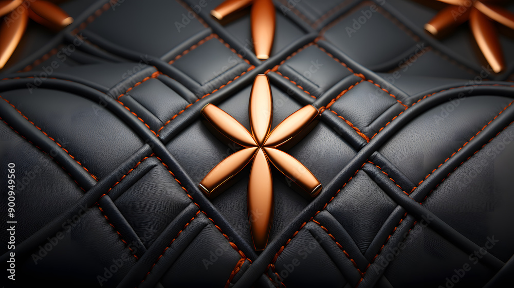 Obraz premium Close-up minimal luxury metallic symbol on black leather background for premium fashion and beauty product business, minimalist clean composition concept, high detail, 3d illustration