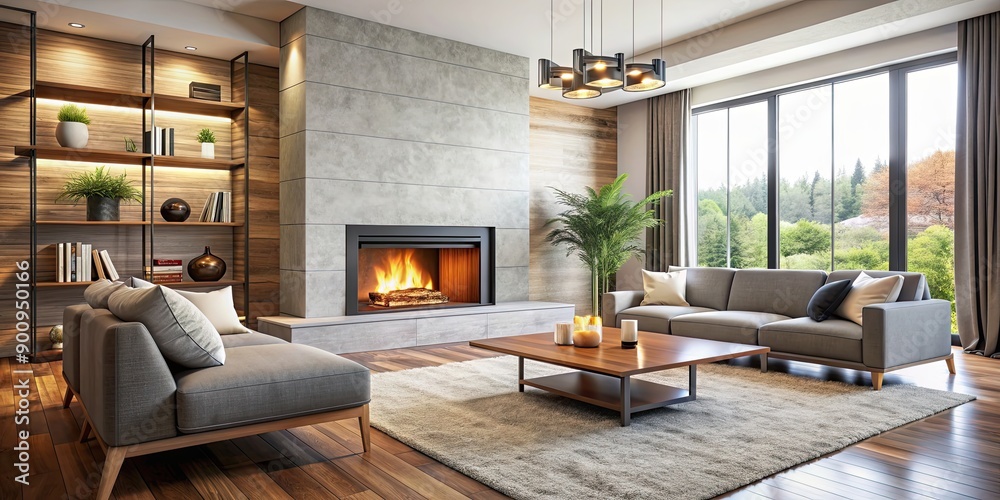 Fototapeta premium Modern living room with a cozy fireplace , modern, living room, fireplace, interior design, contemporary, comfortable, elegant