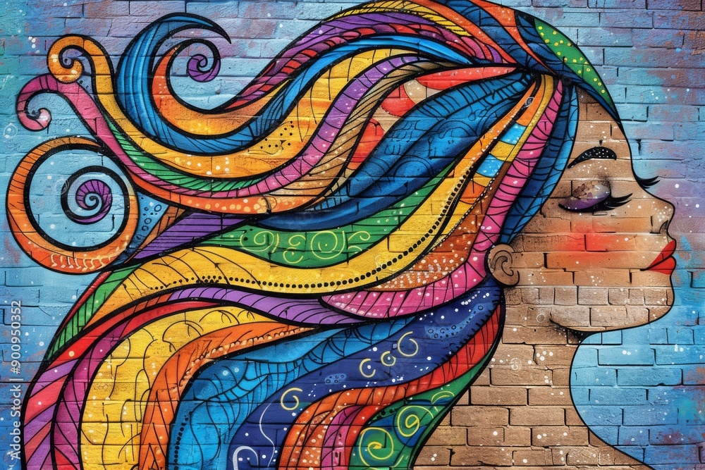 Vibrant graffiti mural of a woman with flowing hair symbolizing creativity and urban culture in a dynamic and colorful street art style Vibrant graffiti mural of a woman with flowing hair symbolizing creativity and urban culture in a dynamic and colorful street art style