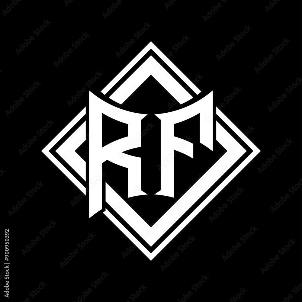 RF Letter logo abstract shield shape with square white outline on black background template RF Letter logo abstract shield shape with square white outline on black background template