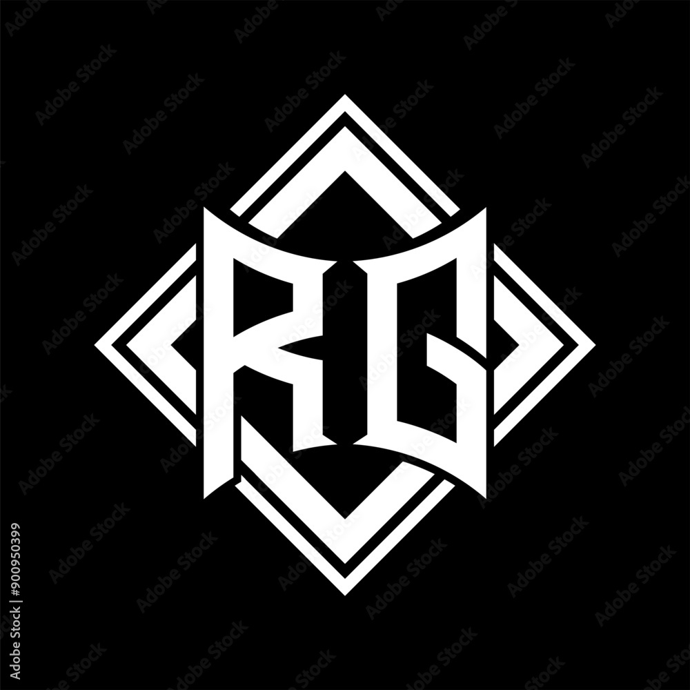 RG Letter logo abstract shield shape with square white outline on black background template RG Letter logo abstract shield shape with square white outline on black background template