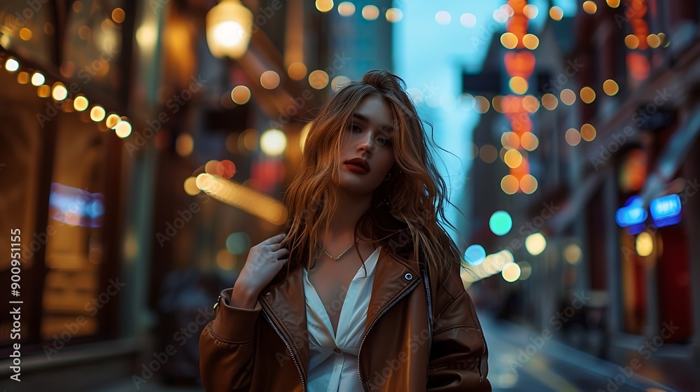 Woman in Leather Jacket Posing in City at Night