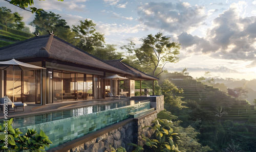 Modern villa with infinity pool overlooking lush green rice terraces.