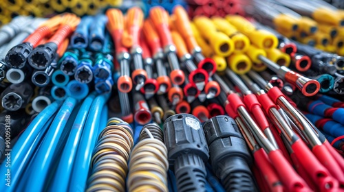 A well-organized flat lay of telecommunications hand tools including crimping tools coaxial cables and a cable stripper Stock Photo with copy space