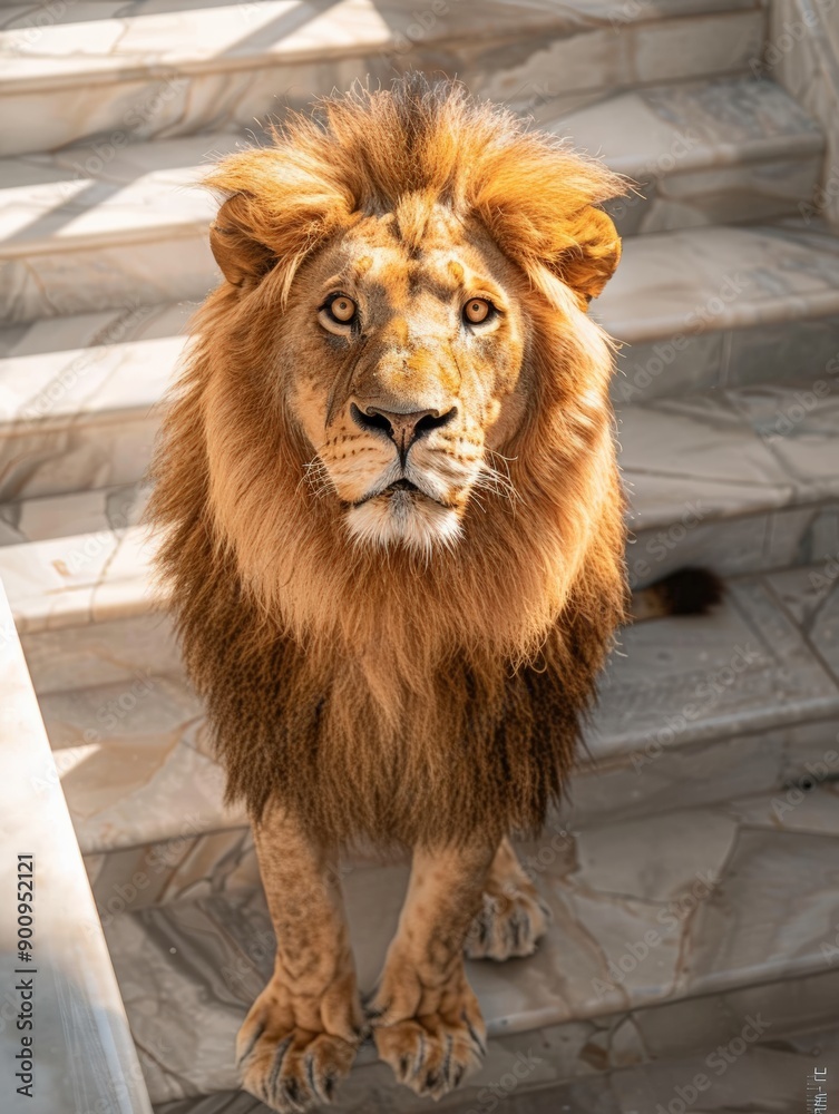 Naklejka premium Majestic lion standing on stairs, showcasing its powerful presence and captivating gaze.