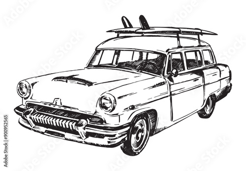 Vintage surfer car illustration. Hand drawn art in pen strokes. Editable art.
