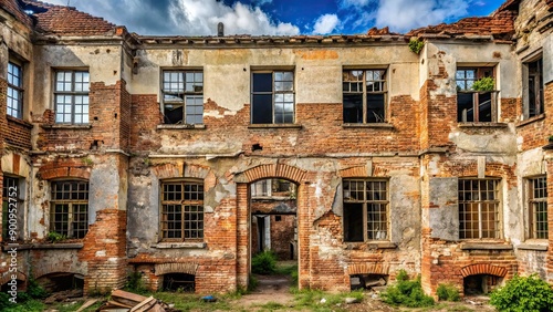 Old abandoned building with broken windows and crumbling walls, abandoned, empty, derelict, decay, neglected photo