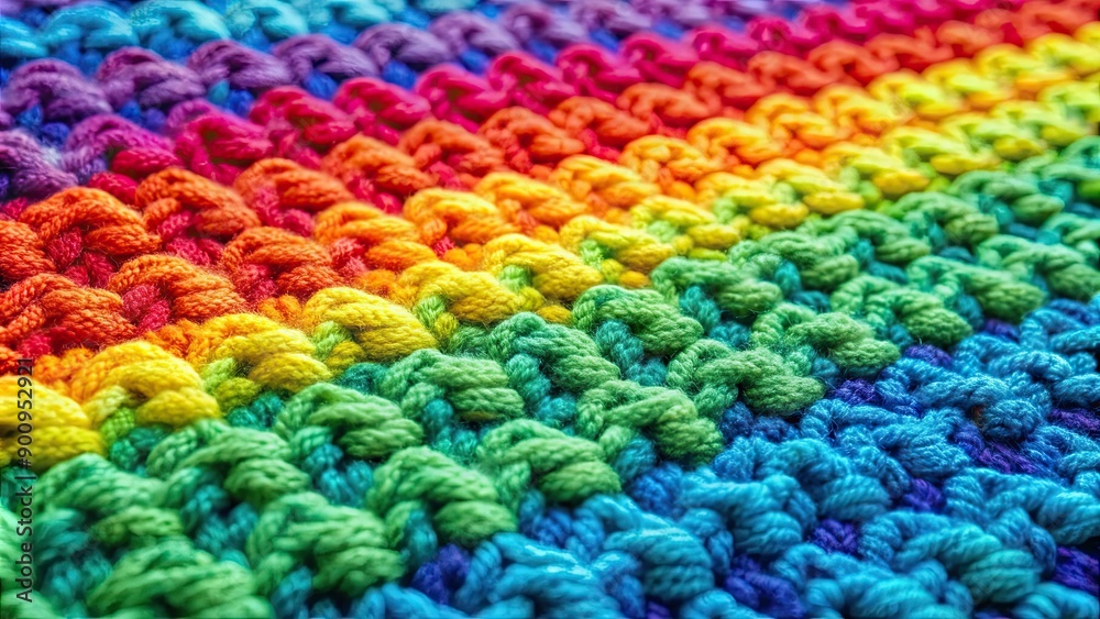 Close-up of a vibrant, handcrafted crochet fabric with a rainbow color gradient , crochet, fabric, handcrafted Close-up of a vibrant, handcrafted crochet fabric with a rainbow color gradient , crochet, fabric, handcrafted